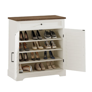 English Elm 16 Pair Shoe Cabinet Tall Freestanding Entryway Organizer with Drawer, Louvered Doors, Durable MDF Storage Brown,Soft White T3771P372927