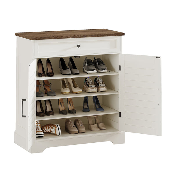 English Elm 16 Pair Shoe Cabinet Tall Freestanding Entryway Organizer with Drawer, Louvered Doors, Durable MDF Storage Brown,Soft White T3771P372927