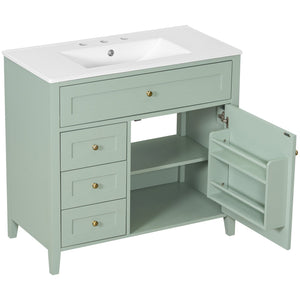English Elm 36-Inch Green Bathroom Vanity With Sink - Modern Mdf & Rubberwood Freestanding Storage Solution N725P350821F