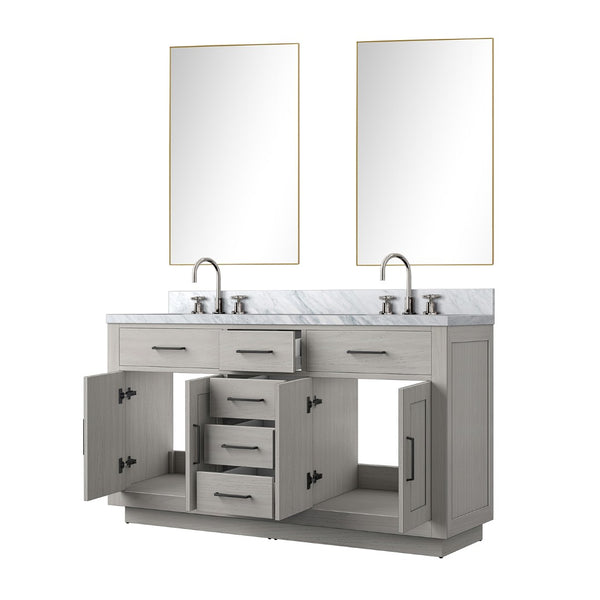 English Elm White Oak Double Bath Vanity Set With Carrara Marble Top, 55" Mirror & Chrome Faucets For Easy Setup B2731S01695-GIGA