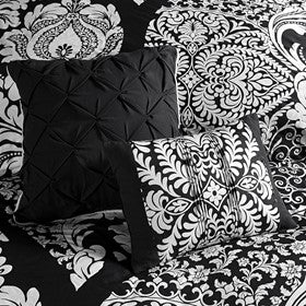 English Elm 7 Piece Cotton Comforter Set - Elegant Black King Size Bedding With Damask Print & Decorative Pillows B03597262