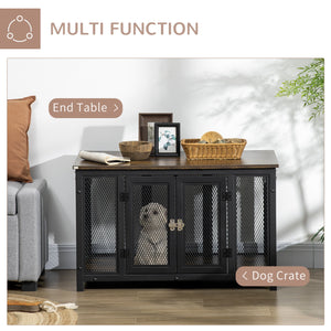 English Elm PawHut Furniture Style Dog Crate End Table with Flip-Up Roof, Sturdy 132 lb Top, Spacious Pet Kennel Brown W2225P200464