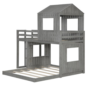 English Elm Wooden Twin Over Full Bunk Bed Farmhouse Playhouse Design with Ladder Guardrails LT000327AAE-1