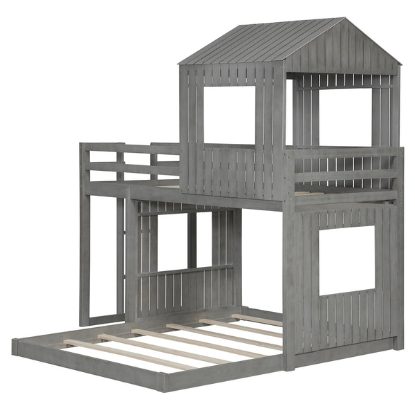 English Elm Wooden Twin Over Full Bunk Bed Farmhouse Playhouse Design with Ladder Guardrails LT000327AAE-1