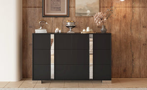 English Elm Elegant Mirrored Dresser with Metal Feet and 6 Spacious Drawers for Organized, Modern Living Spaces Black 54.25 L x 20.75 W x 8.5 H N733P307943B