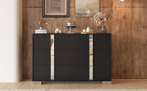 English Elm Elegant Mirrored Dresser with Metal Feet and 6 Spacious Drawers for Organized, Modern Living Spaces Black 54.25 L x 20.75 W x 8.5 H N733P307943B