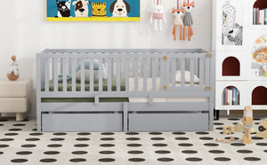 English Elm Twin Pinewood Daybed with Fence Guardrails Splits Into Two Floor Beds Storage Gray LP100881AAE