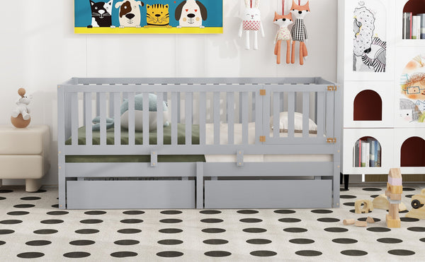 English Elm Twin Pinewood Daybed with Fence Guardrails Two Storage Drawers and Split Floor Bed Gray LP200881AAE