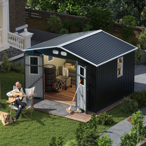 English Elm Outdoor Metal Storage Shed 8x10 with Four Windows Lockable Doors Waterproof Steel W1598S00038