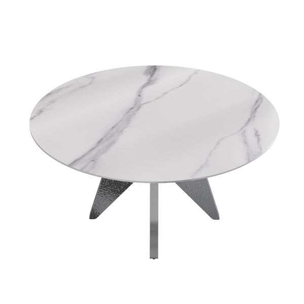 English Elm 59.05" Round Marble Dining Table With Silver Base – Modern Artificial Marble For 6-8 Guests, Chic Design W1535S00394
