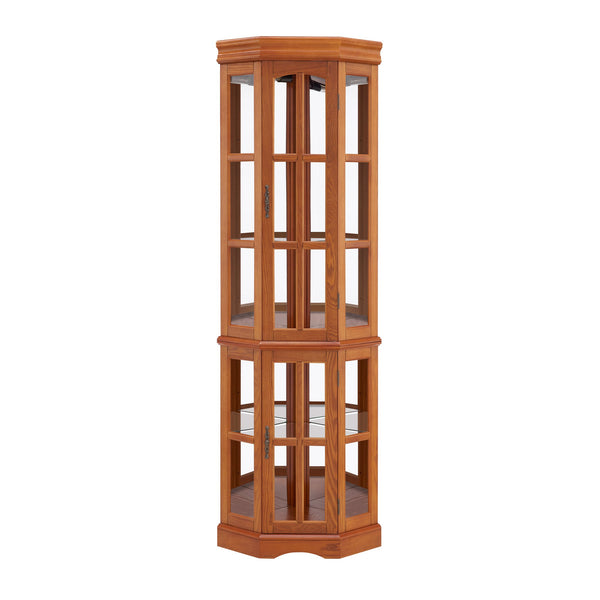 English Elm Corner Curio Cabinet with 5 Shelves and Built-In Lighting, Glass Display Case for Home Décor and Collectibles, Space-Saving Corner Accent (47x21x10.75) Oak W1693P183979