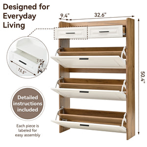English Elm Two drawer three-fold shoe cabinet with ample vertical shelving, smooth finish, compact entryway storage White+Walnut W3871P368979