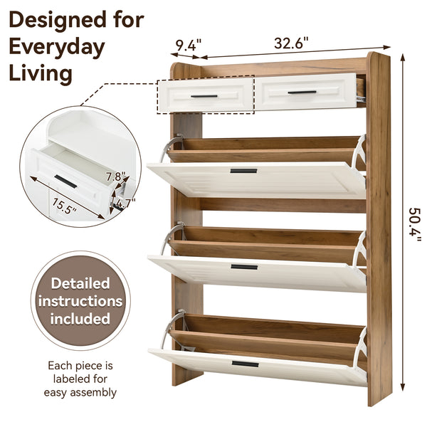 English Elm Two drawer three-fold shoe cabinet with ample vertical shelving, smooth finish, compact entryway storage White+Walnut W3871P368979