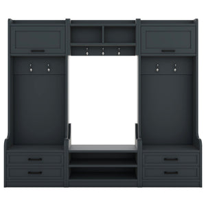 English Elm 4-in-1 Hall Tree with Bench, 7 Hooks, 2 Cabinets & 4 Drawers for Entryway Storage and Seating Antique Blue W1580S00091