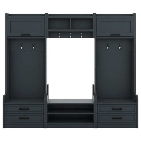 English Elm 4-in-1 Hall Tree with Bench, 7 Hooks, 2 Cabinets & 4 Drawers for Entryway Storage and Seating Antique Blue W1580S00091