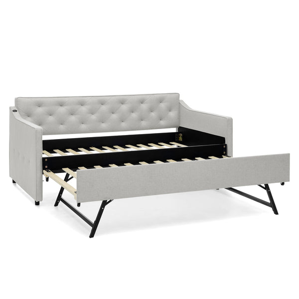 English Elm Twin Linen Tufted Daybed with Pop up Trundle and Usb Port for Guest Rooms W1413S00129