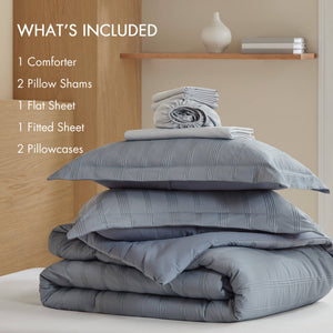 English Elm 7-piece Queen Comforter Set Woven Stripe Polyester Bedding for Neutral Minimalist Rooms Grey B035P463197