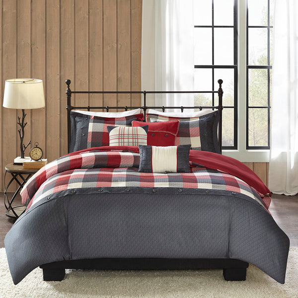 JLA Home Madison Park - 6 Herringbone Duvet Cover Set with Buffalo Plaid, Embroidered Pillows & Ties for Cozy Cabin Style 90 L x 90 W x 0.13H MP12-4672