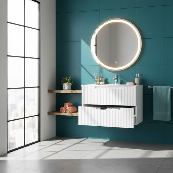 English Elm Goodyo 30 Inch Wall Mounted Bathroom Vanity with Ceramic Sink, Soft-Close Drawers & Spacious Storage White W1223S00035