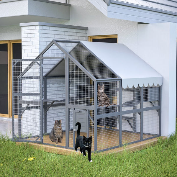English Elm Extra Large Walk-in Outdoor Cat Enclosure with Oxford Roof Ramps and Dual Resting Huts W1422S00047