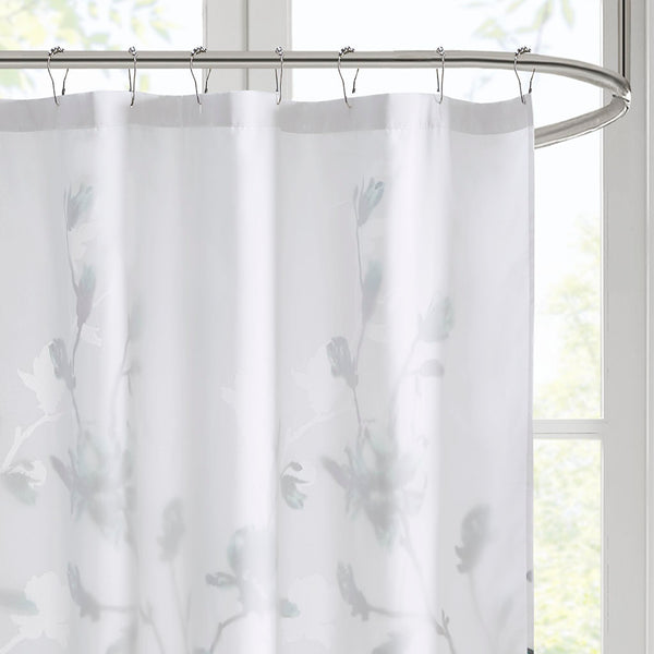 JLA Home Madison Park - Floral Magnolia Burnout Shower Curtain with Attached Microfiber Liner, 72"x72" Aqua Grey Elegance MP70-6421