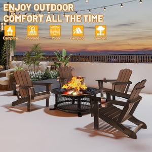 English Elm Adirondack Hdpe Folding Chair Set Outdoor Patio Fire Pit Seating with Cup Holder Brown W1859P453286