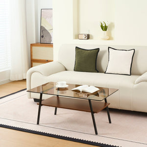 English Elm Rectangle Coffee Table – Modern Brown Tempered Glass With Sturdy Black Metal Legs For Living Rooms W241126036-GIGA