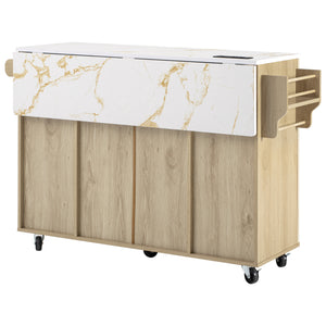 English Elm K&k Fluted Rolling Kitchen Island Faux Marble Top Power Outlet Storage Drawers Natural N707P353945Y
