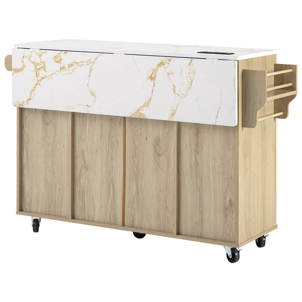 English Elm K&k Fluted Rolling Kitchen Island Faux Marble Top Power Outlet Storage Drawers Natural N707P353945Y
