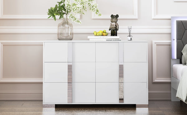 English Elm Elegant Mirrored Modern Dresser with 6 Drawers, White MDF & Metal Frame, Space-Saving Stylish Storage Solution WF319354AAK