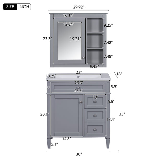 English Elm 30'' Modern Bathroom Vanity Set With Mirror, 2 Drawers & Tip-Out, Stylish Storage For Small Spaces SW000127AAE-3