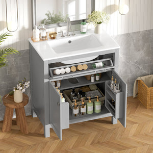 English Elm 30" Modern Bathroom Vanity with Ceramic Sink and Soft-Close Doors, Solid Wood MDF Build, Sleek Handles Gray N729P263155E