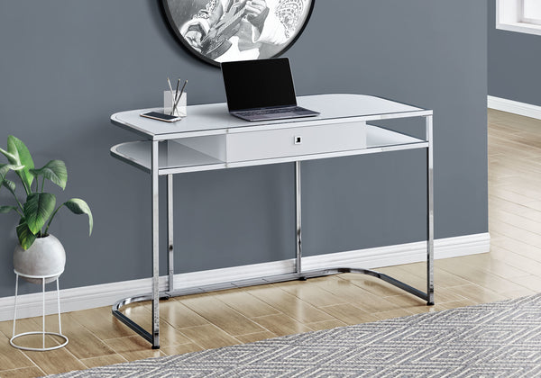 English Elm Computer Desk with Drawer & Shelves, 48" White Laminate, Chrome Legs, Glossy Modern Office Workstation B2710P219809