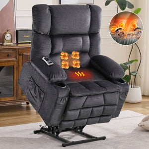 English Elm Dual Motor Large Power Lift Recliner Chair with Waist Kneading & Heat, Extended Footrest, USB Ports Grey W1521S00072