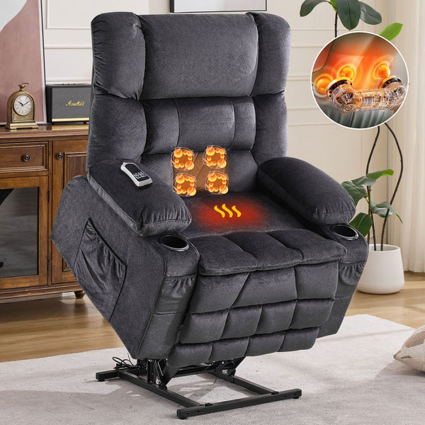 English Elm Dual Motor Large Power Lift Recliner Chair with Waist Kneading & Heat, Extended Footrest, USB Ports Grey W1521S00072