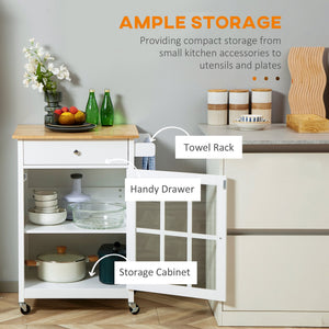 English Elm HOMCOM 27" Rolling Kitchen Island Cart with Rubber Wood Top, Drawer, Glass Door & Towel Rack W2225P217402