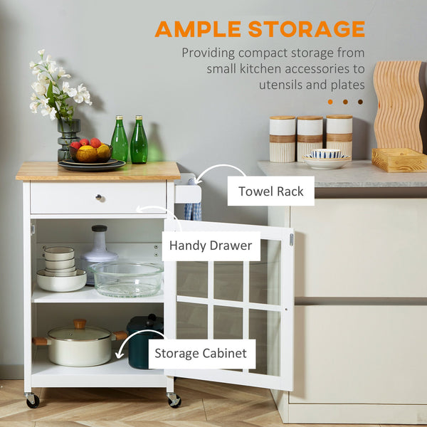 English Elm HOMCOM 27" Rolling Kitchen Island Cart with Rubber Wood Top, Drawer, Glass Door & Towel Rack W2225P217402