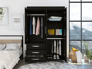 English Elm Janeiro Black Armoire 68" High – Compact Engineered Wood Closet with 3 Drawers, 2 Cabinets, Hidden Drawer and Shelves B128S00096