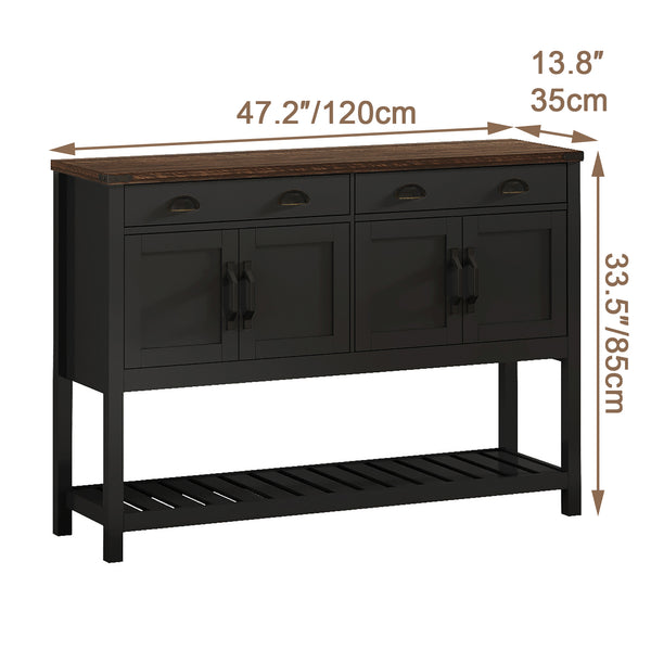 English Elm 47'' Modern Farmhouse Console Storage Table with Two Drawers Four-Door Cabinet and Slatted Shelf for Entryway Living Room Organization and Display Black,Rustic Brown T3771P372075