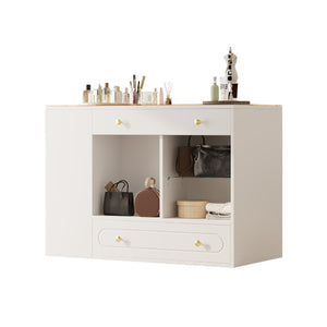 English Elm Closet Elegant walk-in island with glass display top, 6 drawers and open shelves for organized storage White 39.76 L x 17.32 W x 12.2 H N733S304513K