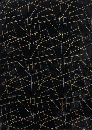 English Elm Luxury Machine Washable Black Faux Fur Area Rug With Gold Geometric Design For Modern Homes B030P233702