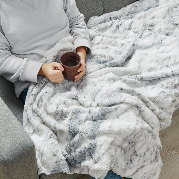 JLA Home Madison Park - Oversized Faux Fur Throw with Luxurious Marble Print — Extra-Large Plush, Machine-Washable Comfort Grey MP50-4906