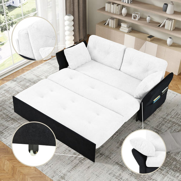 English Elm Convertible Pull Out Sofa Bed Queen Size with Steel Frame, Dual Armrests, Chenille Sleeper Couch with Storage and Casters White+Black W3163P269663