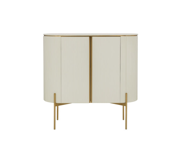 Sunpan PALOMA Bar Cabinet - Luxurious High-Gloss Cream Storage with Curved Design & Gold Accents 111219