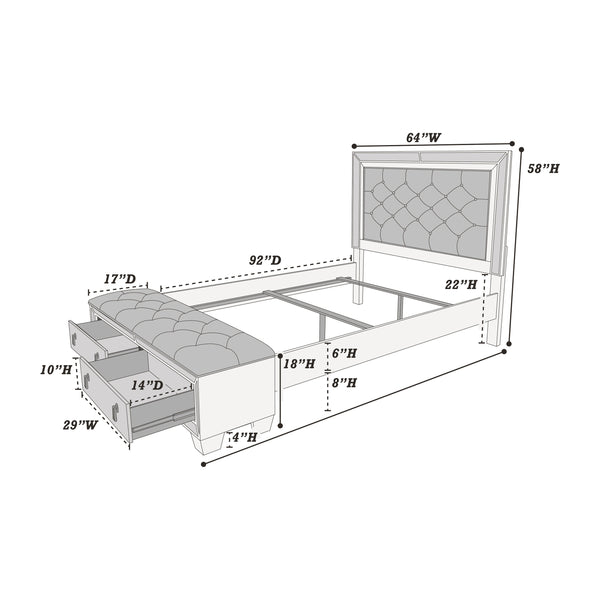 English Elm Glam Tufted Queen Bed with Mirrored Accents and Dual Underbed Storage Drawers for Luxe Bedrooms Grey,Silver 67 L x 20 W x 19 H B011S01992