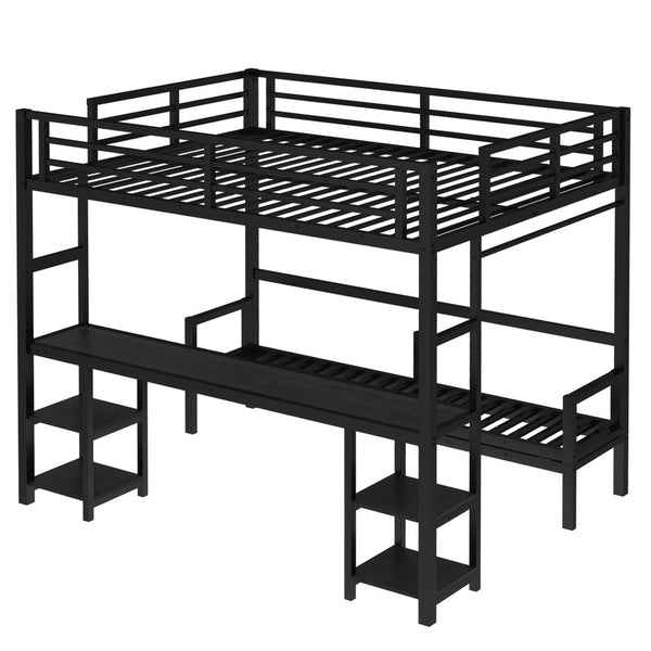 English Elm Queen Metal Bunk Bed With Desk & Usb, Versatile Loft Design Folds To Sofa, Led Lighting, Black W1580S00086-GIGA