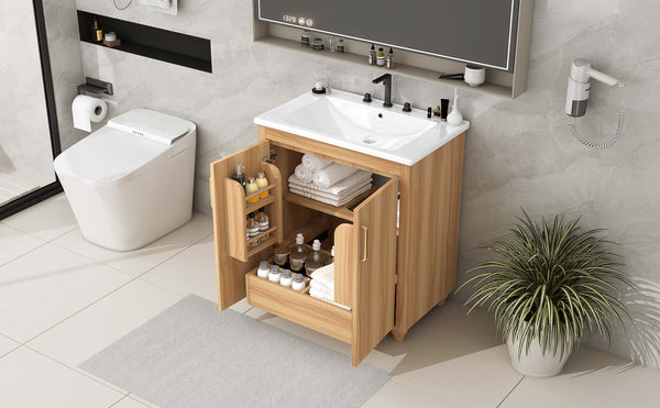 English Elm 30" Modern Bathroom Vanity with Ceramic Sink, Solid Wood & MDF Storage Cabinet with Drawer and Doors WF319484AAG