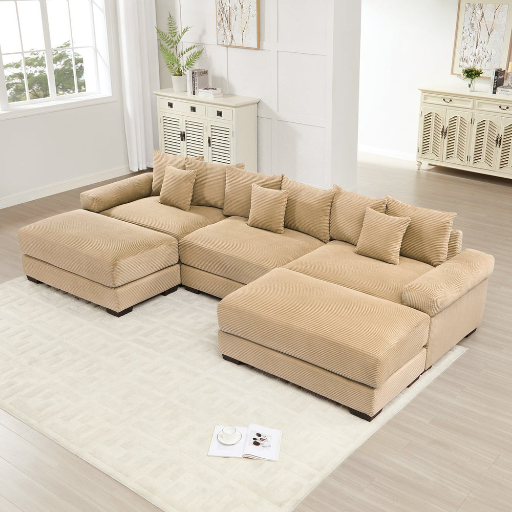 English Elm 130" Oversized Cloud Modular Sectional Couch In Plush Camel Corduroy, Ergonomic Design & Ottoman Included For Ultimate Comfort W714S01309