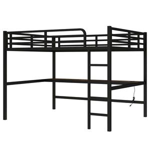 English Elm Metal Queen Loft Bed With Integrated Desk, Power Outlet & Led Lights - Space-Saving Black Design W1580S00107