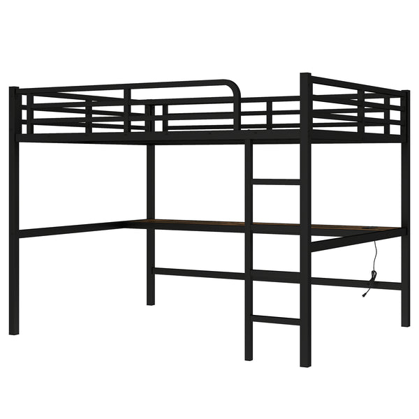 English Elm Metal Queen Loft Bed With Integrated Desk, Power Outlet & Led Lights - Space-Saving Black Design W1580S00107